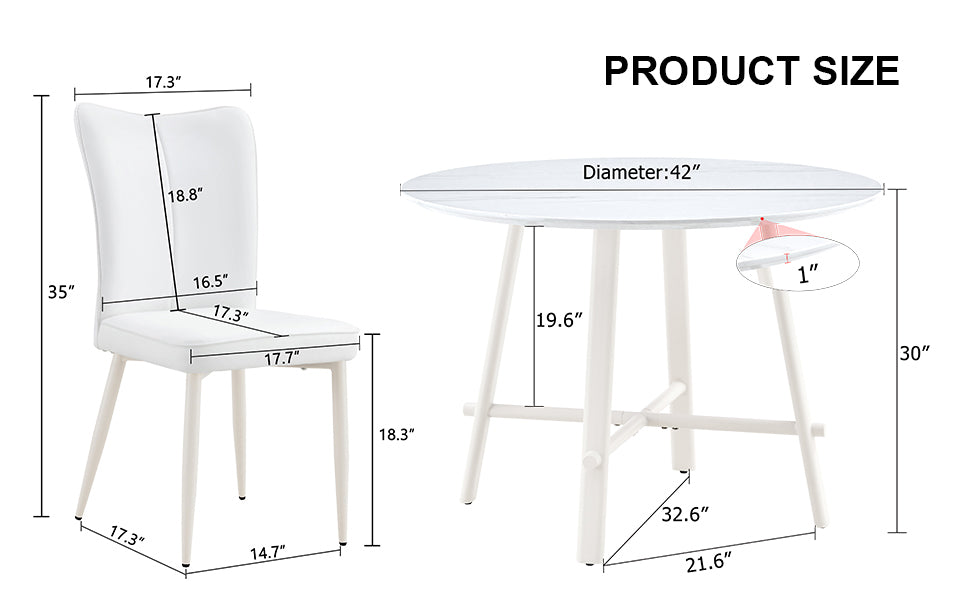 Table And Chair Set, Mdf Desktop, White Metal Table Legs, Stable And Beautiful, Suitable For Most Styles Of Home. Modern Simple Dining Table, Comfortable Seating. White Seats 4 Mdf