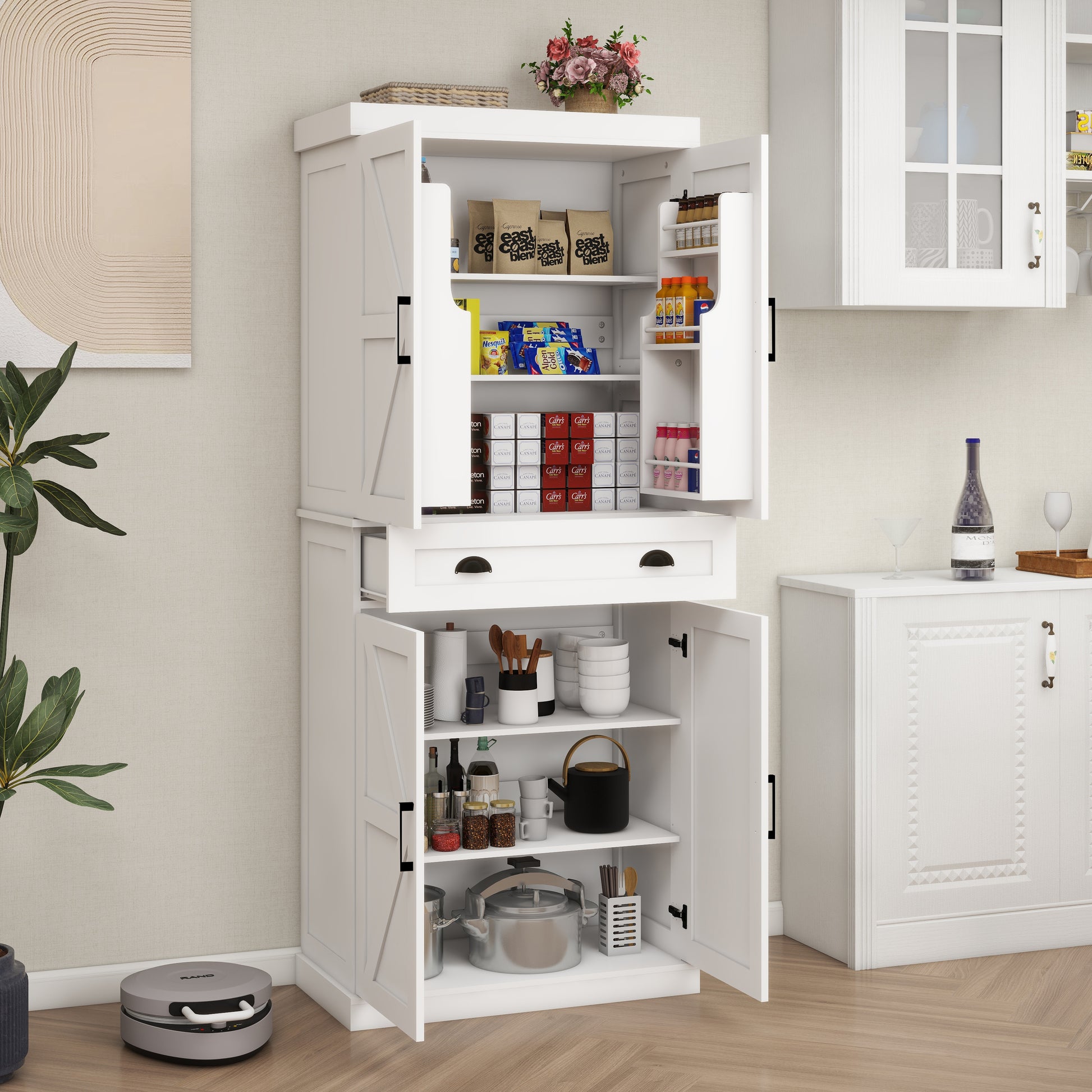 71" Kitchen Pantry Storage Cabinet With 4 Doors 2Doors With Racks ,1 Drawer, 2 Adjustable Shelves, Freestanding Cupboard For Kitchen, Dining Room And Living Room White White Mdf