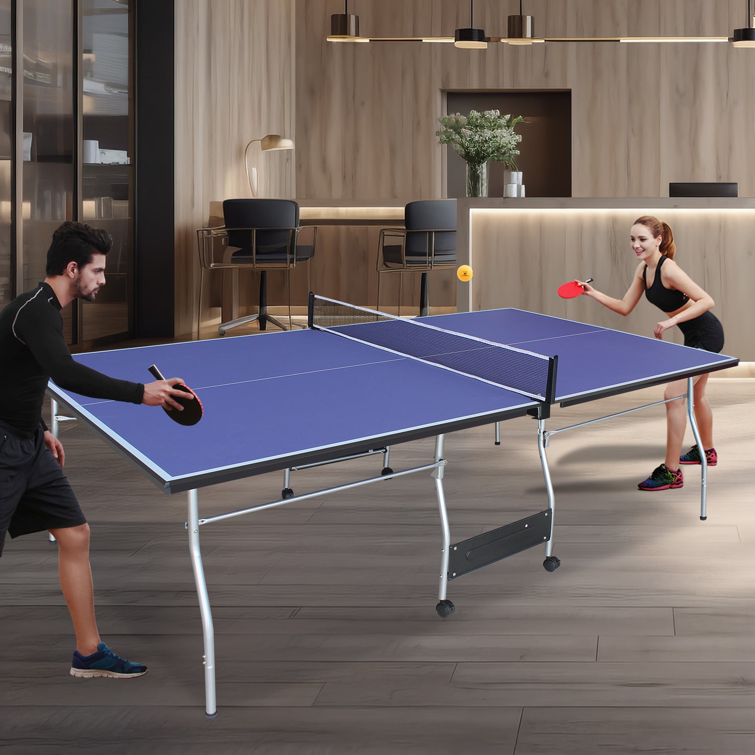 8Ft Mid Size Table Tennis Table Foldable & Portable Ping Pong Table Set For Indoor & Outdoor Games With Net, 2 Table Tennis Paddles And 3 Balls Blue Mdf