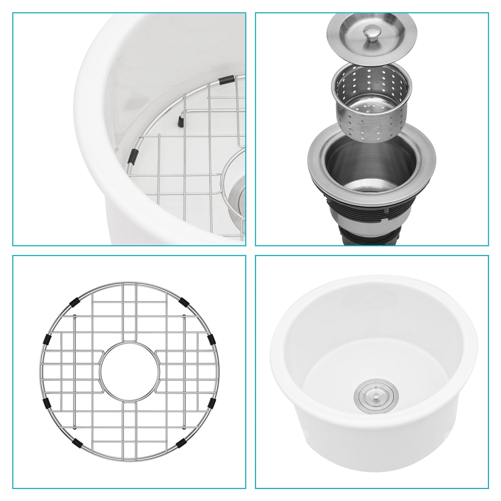 18 Inch Dual Mounted Single Bowl Ceramic Circular Kitchen Sink With Drain Assembly And Bottom Grid White Ceramic