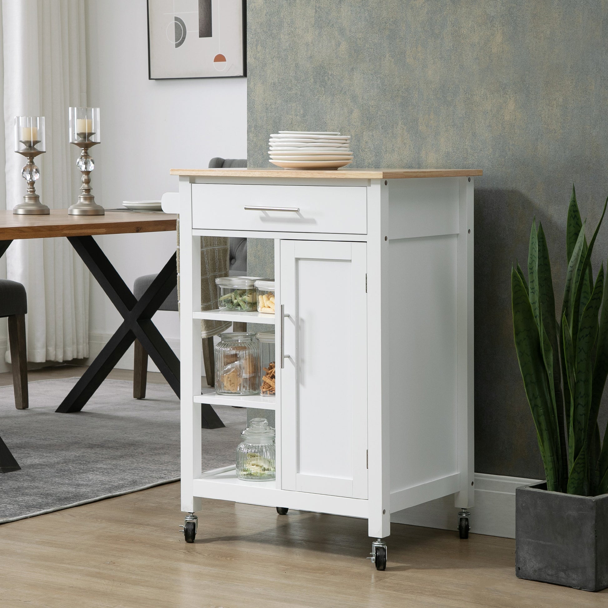 Homcom Kitchen Island Cart, Rolling Kitchen Island With Storage Shelf, Solid Wood Top, Drawer, For Dining Room, White White Mdf