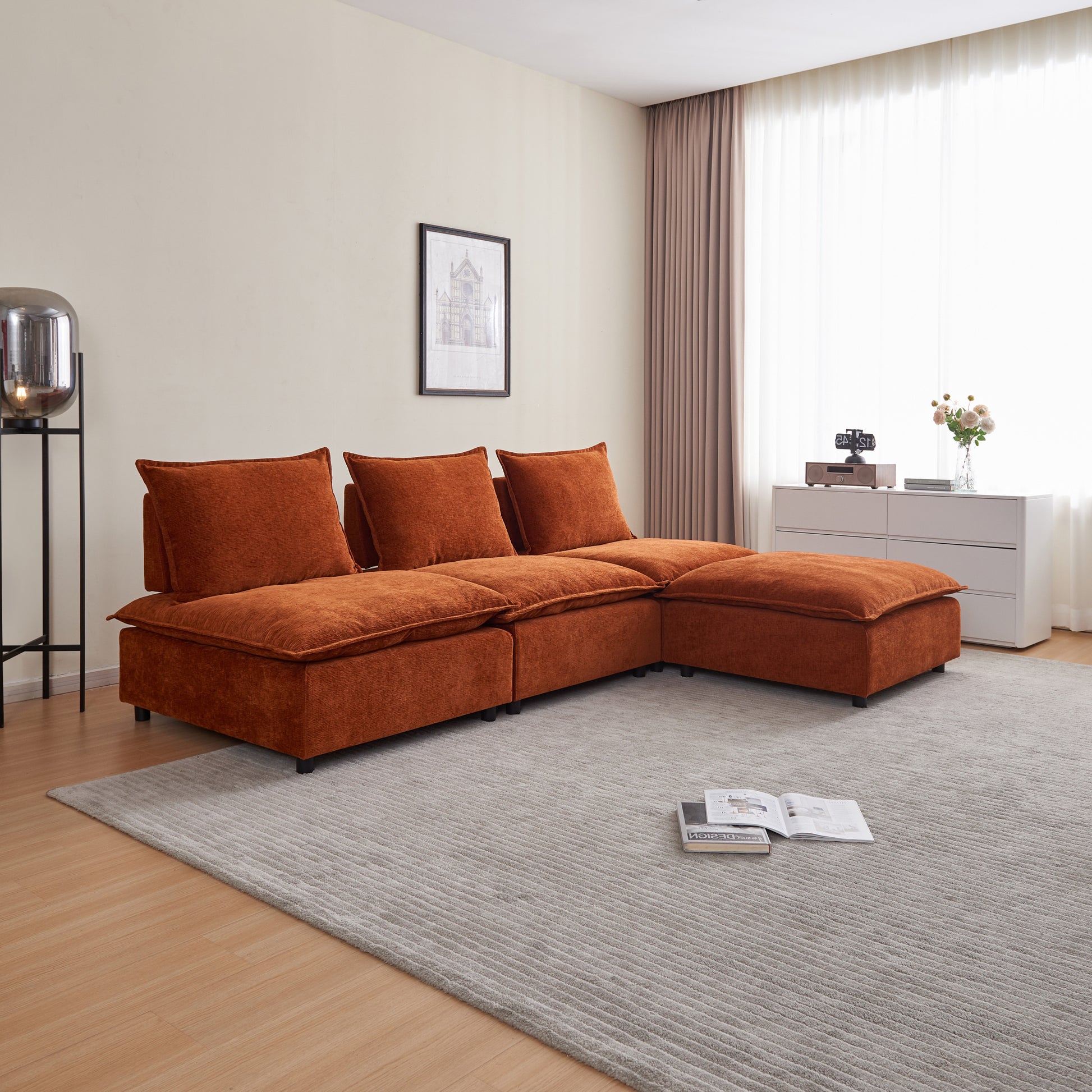 Modern Armless L Shaped Sectional Sofa Couch With Ottoman Modular Design, Durable Construction, Easy Care Upholstery For Living Room, Apartment, Office, Small Space Orange Wood Medium Soft Foam Chenille 4 Seat