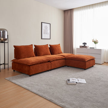 Modern Armless L Shaped Sectional Sofa Couch With Ottoman Modular Design, Durable Construction, Easy Care Upholstery For Living Room, Apartment, Office, Small Space Orange Wood Medium Soft Foam Chenille 4 Seat