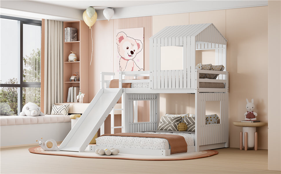 Wooden Twin Over Full Bunk Bed, Loft Bed With Playhouse, Farmhouse, Ladder, Slide And Guardrails, White Old Sku :Lt000028Aak Twin White Solid Wood