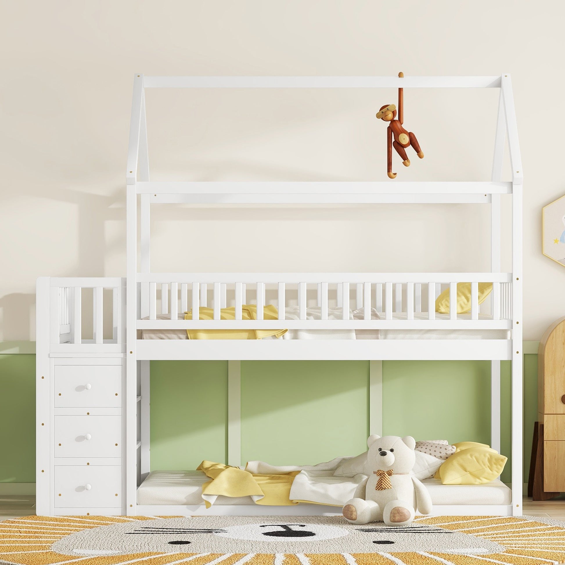 Twin Twin House Bunk Bed With Shelves And Drawers For White Color Box Spring Not Required Twin White Bedroom Bunk Pine