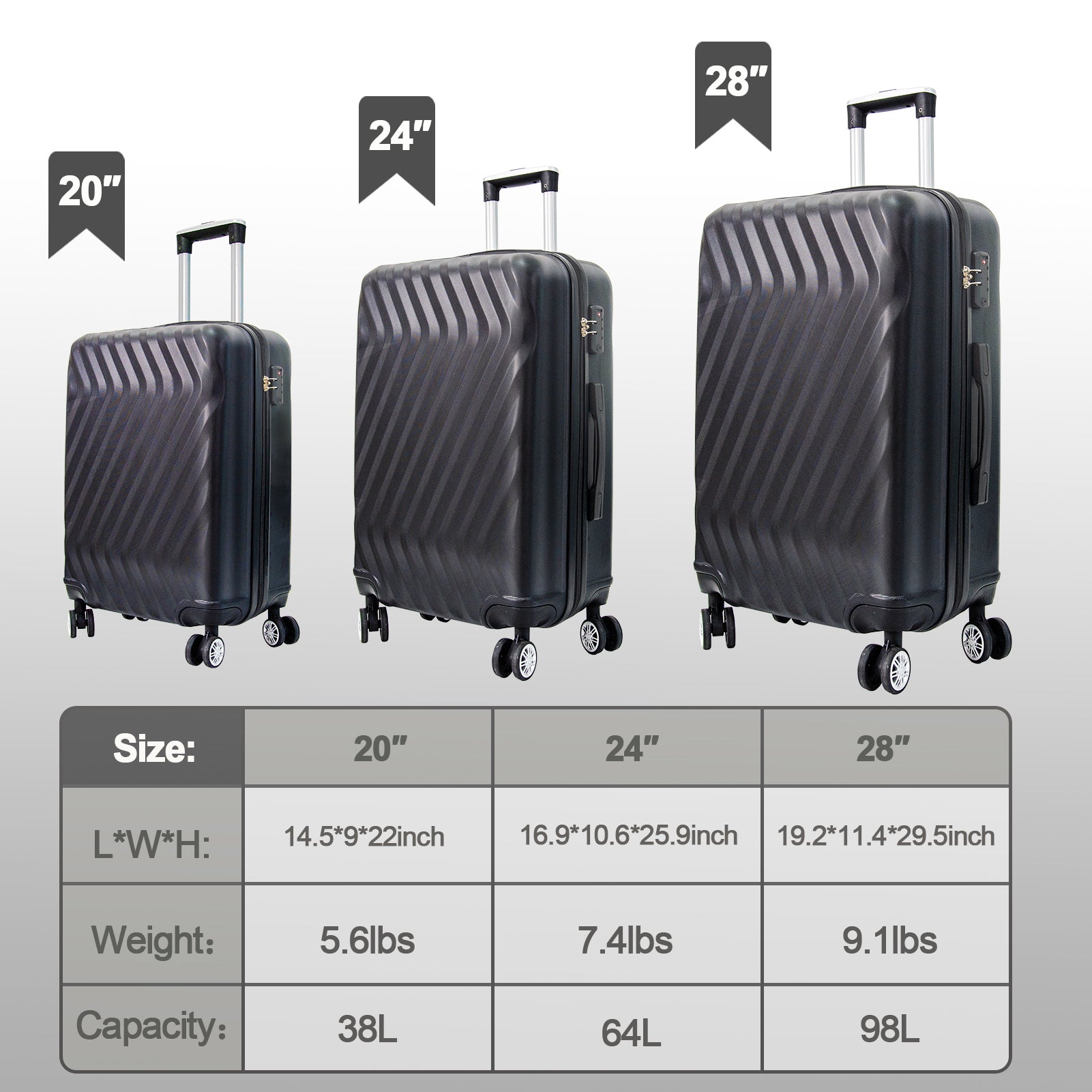 Hardside Lightweight Luggage Featuring 4 Spinning Wheel Robust Abs And Secure Tsa Lock Luggage Set 3 Pieces 20 24 28 Inches Women And Men Black Abs