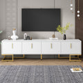 Modern Tv Stand With Metal Legs And Gold Handles For Tvs Up To 80'', Media Console Table With Cabinets And Adjustable Shelves, Luxury Tv Cabinet With Geometric Lines For Living Room, White White Gold Primary Living Space 80 89 Inches 80 89 Inches 80