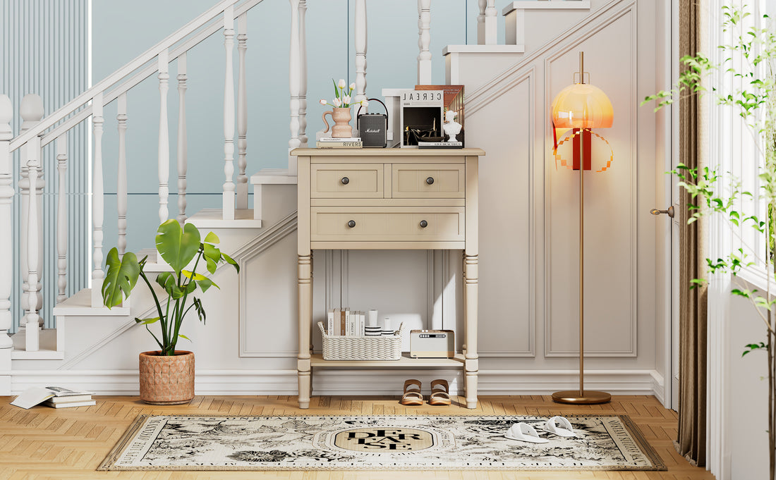 Narrow Console Table, Slim Sofa Table With Three Storage Drawers And Bottom Shelf Beige Beige Solid Wood Mdf