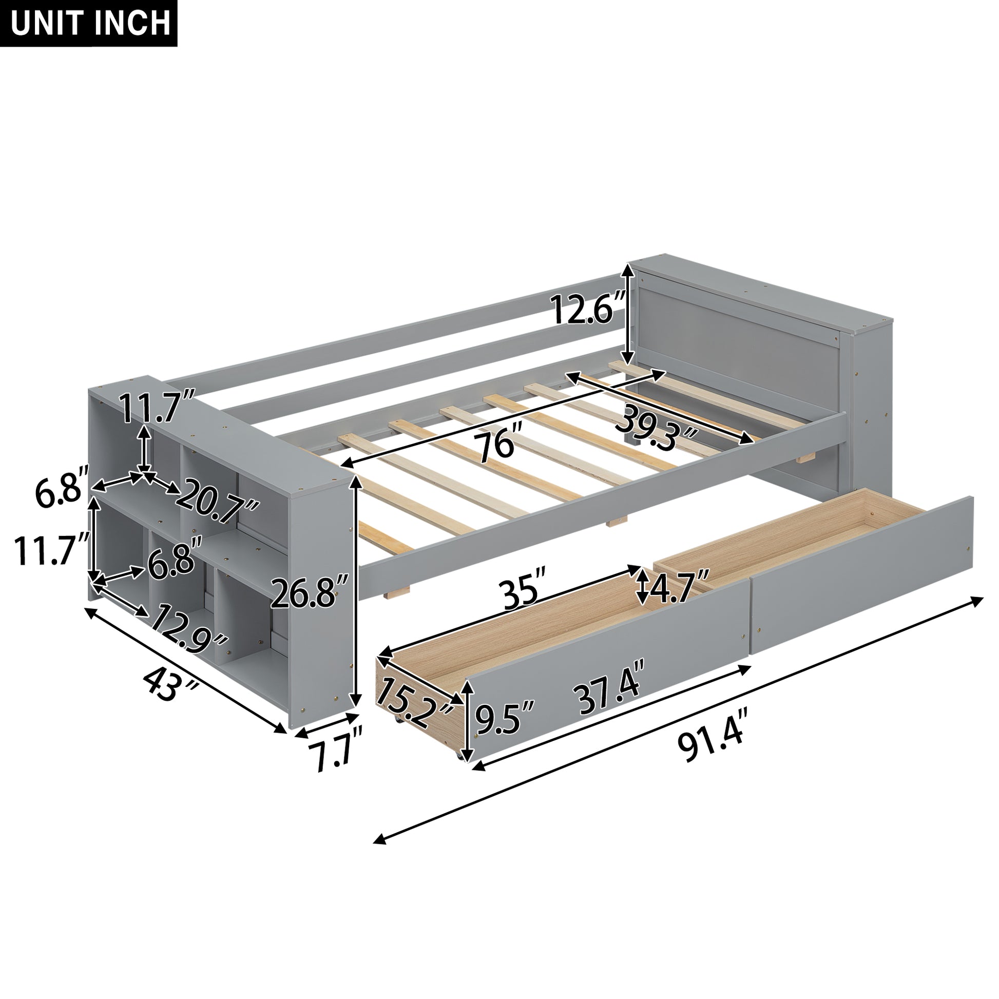 Twin Size Daybed With Shelves And Drawers, Gray Twin Gray Pine