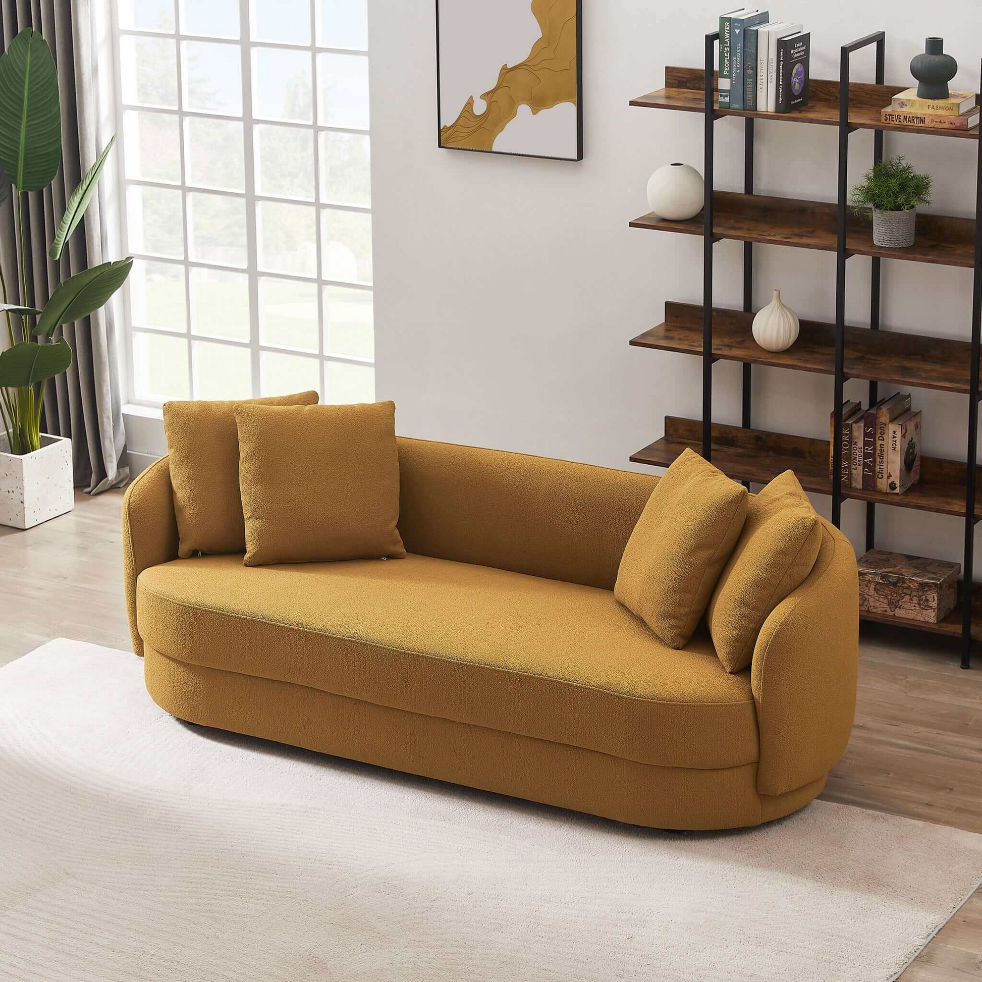 Dylan Modern French Boucle Sofa Dark Yellow Brown Wood Primary Living Space Mid Century Modern Foam Boucle 3 Seat