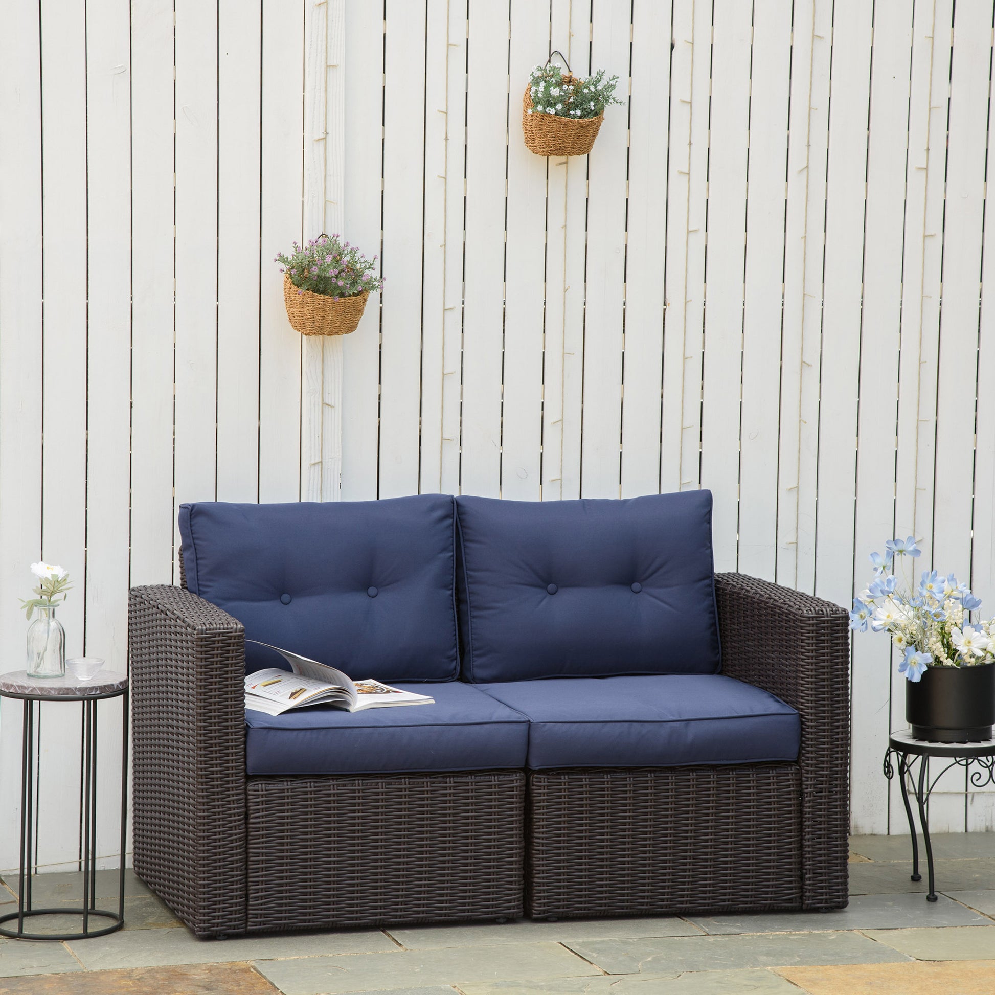 Outsunny 2 Piece Patio Wicker Corner Sofa Set, Outdoor Pe Rattan Furniture, With Curved Armrests And Padded Cushions For Balcony, Garden, Or Lawn, Lawn, Dark Blue Blue Rattan Metal