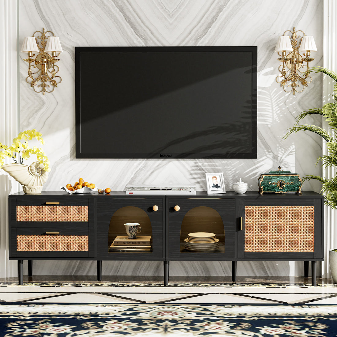 Rattan Tv Stand With 3 Cabinets & 2 Drawers, Rattan Inspired Media Console Table For Tvs Up To 80'', Led Light Entertainment Center, Tv Cabinet For Living Room, Bedroom, Home Theatre Black Primary