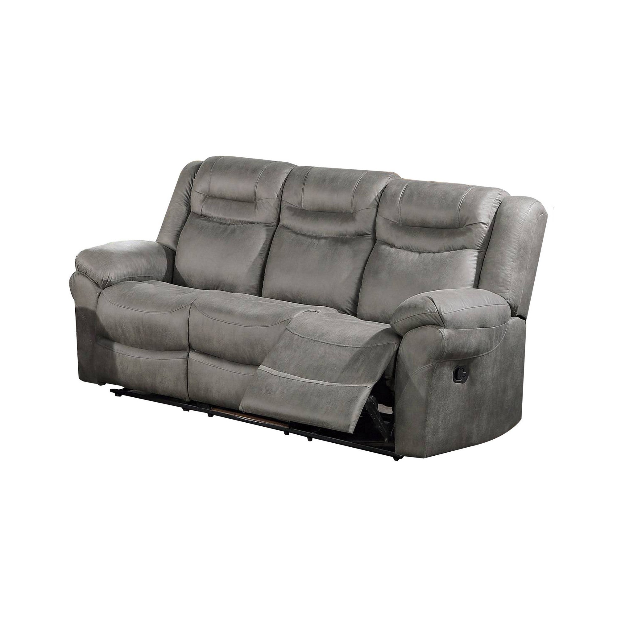 Betty 86 Inch Manual Reclining Sofa, Pull Tab Footrest Mechanism, Gray Gray Faux Leather 3 Seat