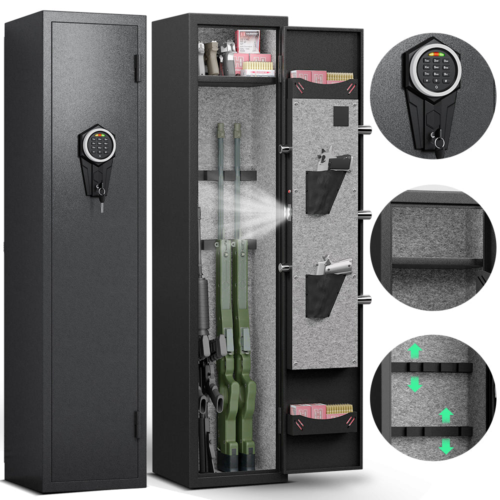 5 6 Safe Home Rifle And Pistol Safe, Quick Access Long Safe Shot Rifle Cabinet, Physical Button Panel Zinc Alloy Handle High Security Five Locking Bolts With Two Bullet Slots And Pistol Pou Black