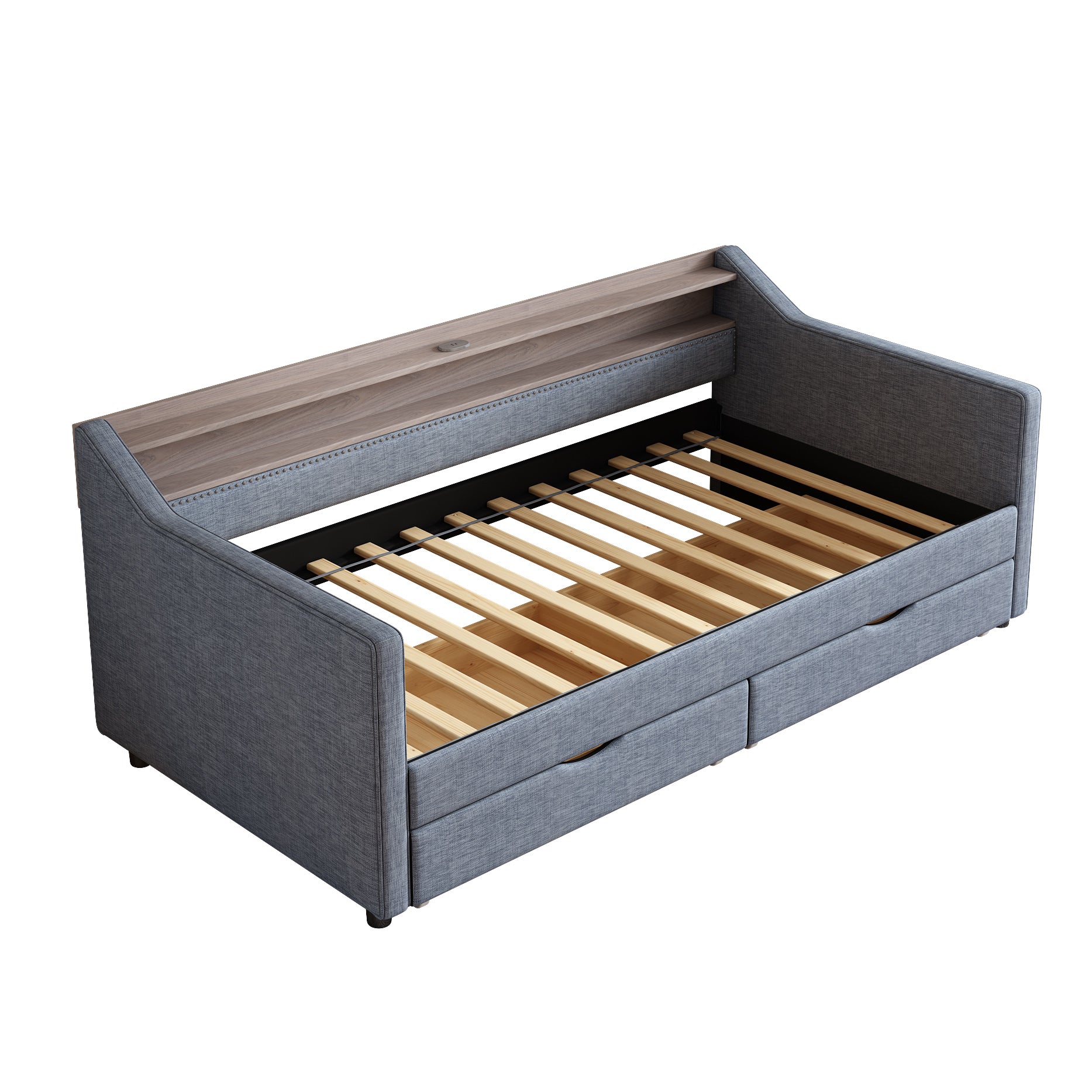 Twin Size Daybed With 2 Storage Drawers And 2 Tier Shelf & Usb Type C Port, Modern Linen Upholstered Sofa Day Bed Frame With Smart Led Light For Livingroom, Apartment,Light Grey Box Spring Not