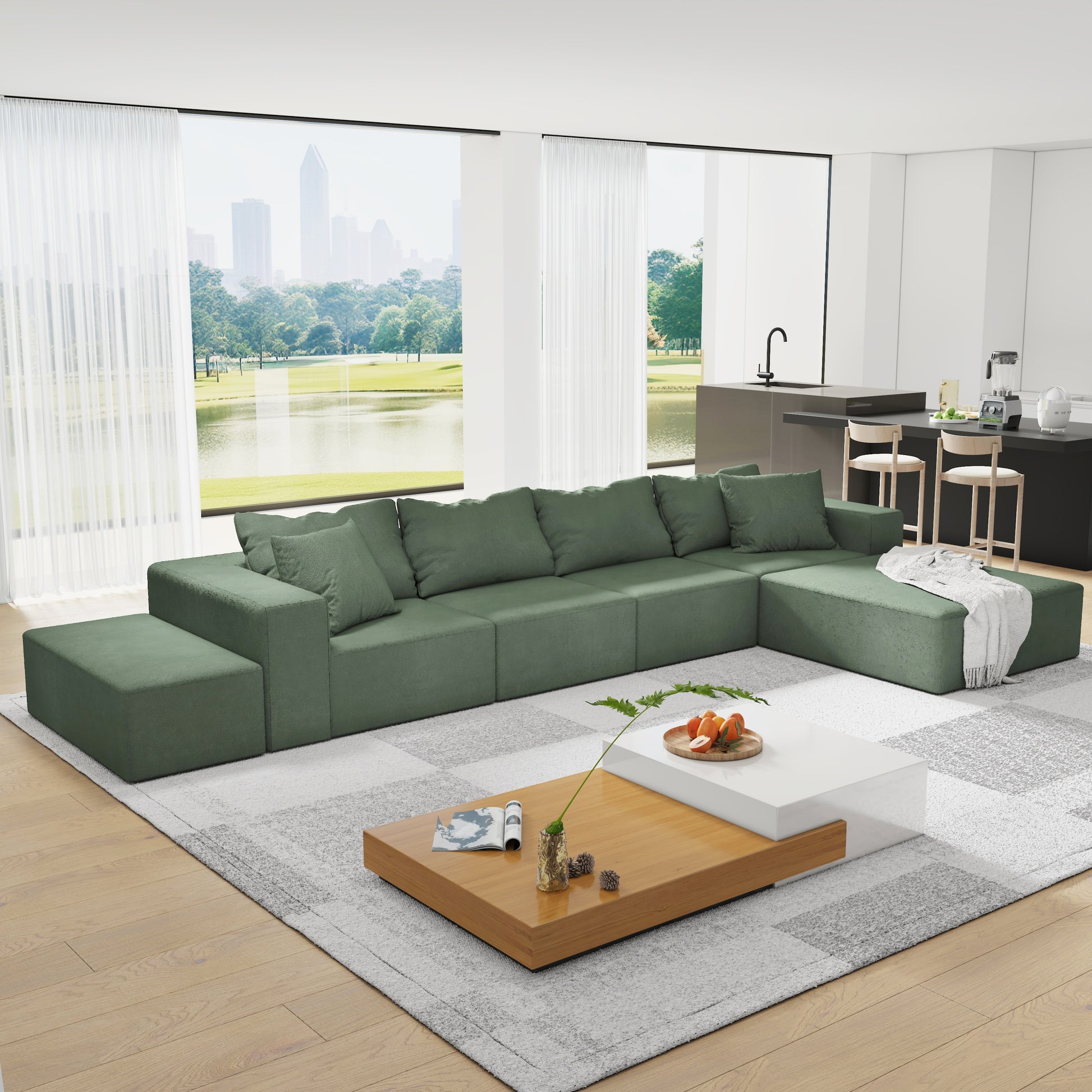 Modern Upholstered Sectional Sofa Couch Set,Modular 132" L Shaped Sectional Living Room Sofa Set With 6 Pillows,Free Combination Sofa Couch For Living Room,Bedroom Green Foam Chenille 6 Seat
