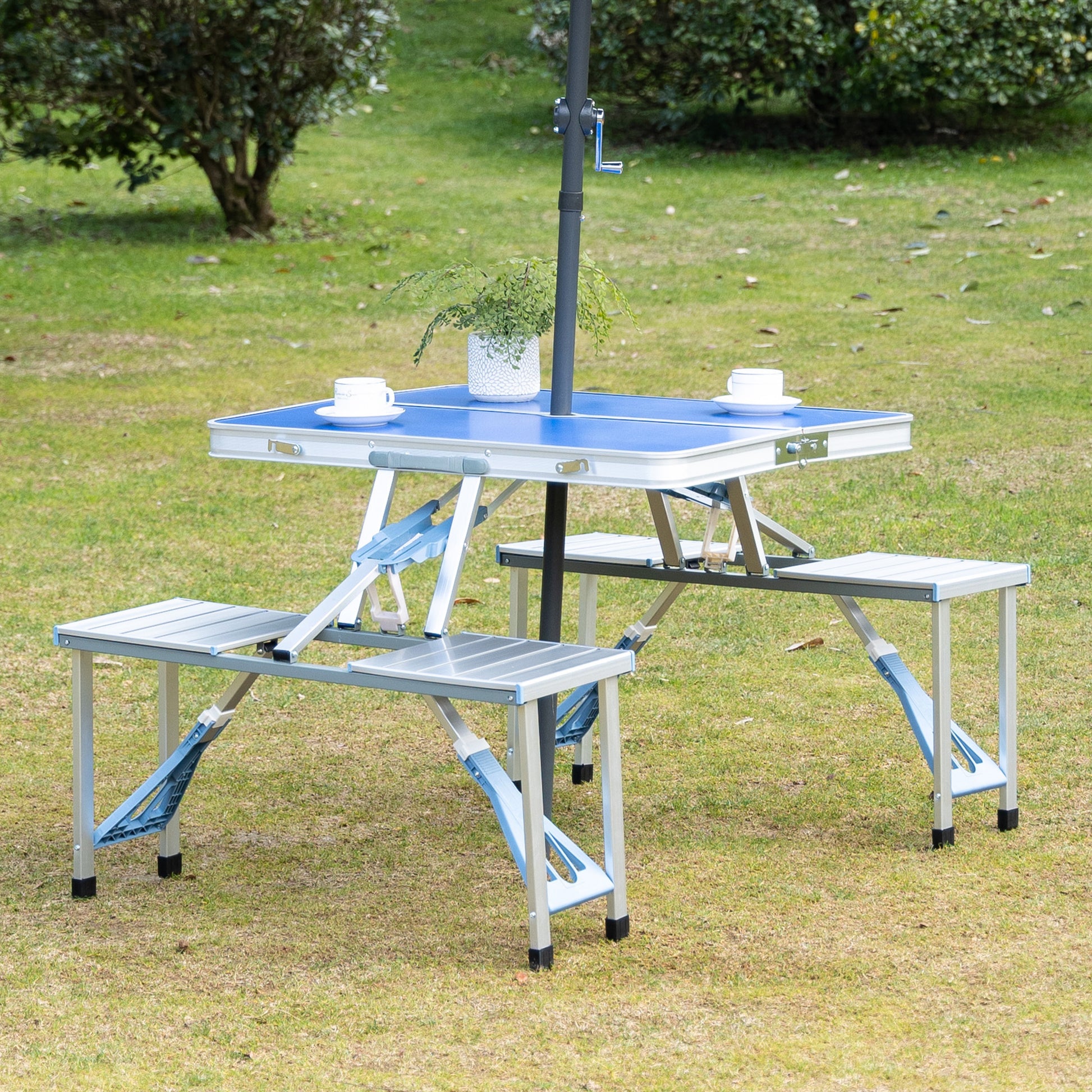 Outsunny Folding Picnic Table With Umbrella Hole, Aluminum Suitcase Portable Outdoor Table With Bench, Patio, Porch Or Camping Table And Chair Set, Ocean Blue Blue Mdf