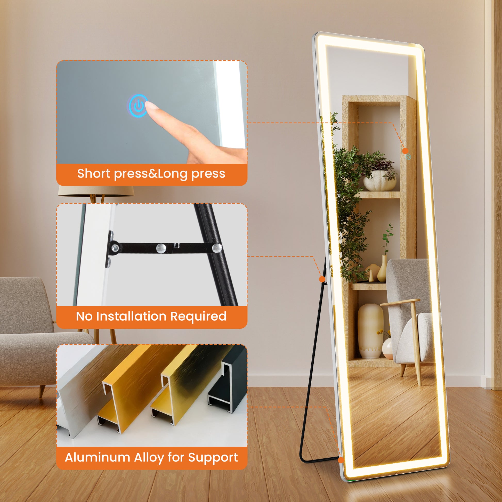 3 Color Lighting Mirror With Led Lights, 60"X16" Lighted Floor Standing Mirror With Stand Black Fiberglass