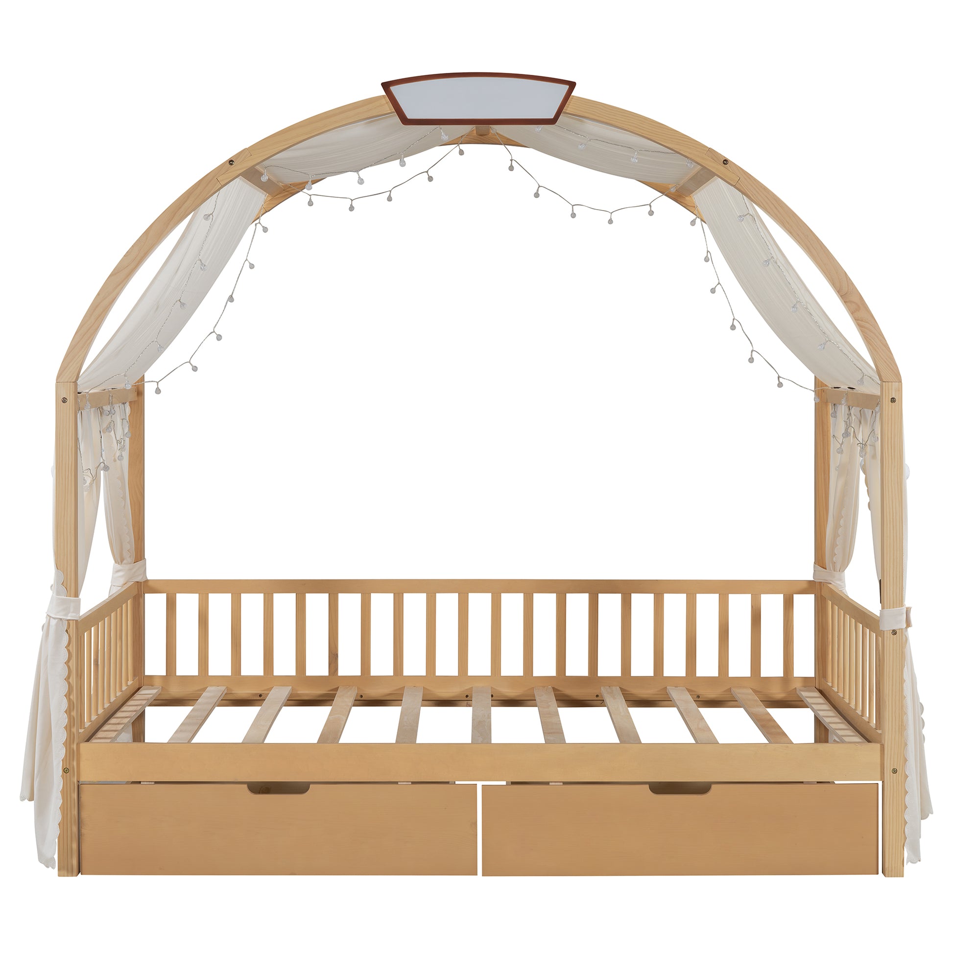 Twin Size Bed With Arched Roof And 2 Drawers, Natural Twin Natural Plywood