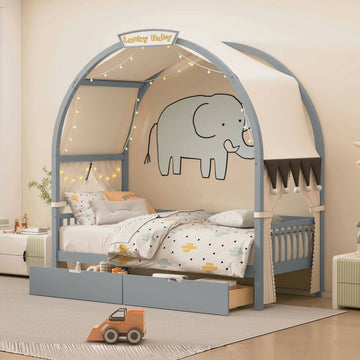 Twin Size Bed With Arched Roof And 2 Drawers, Gray Twin Gray Plywood