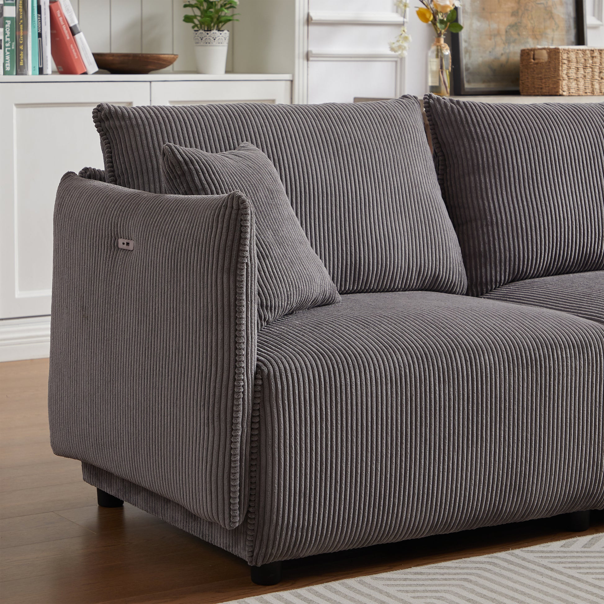 Multi Module Combination Style Sofa For Living Room, Bedroom And Other Lounge Spaces, Modern Minimalist Corduroy Combination Sofa With 2 Comfort Cushions With Usb & C Charging Ports,Gray,Two Sets Gray Foam Fabric 8 Seat