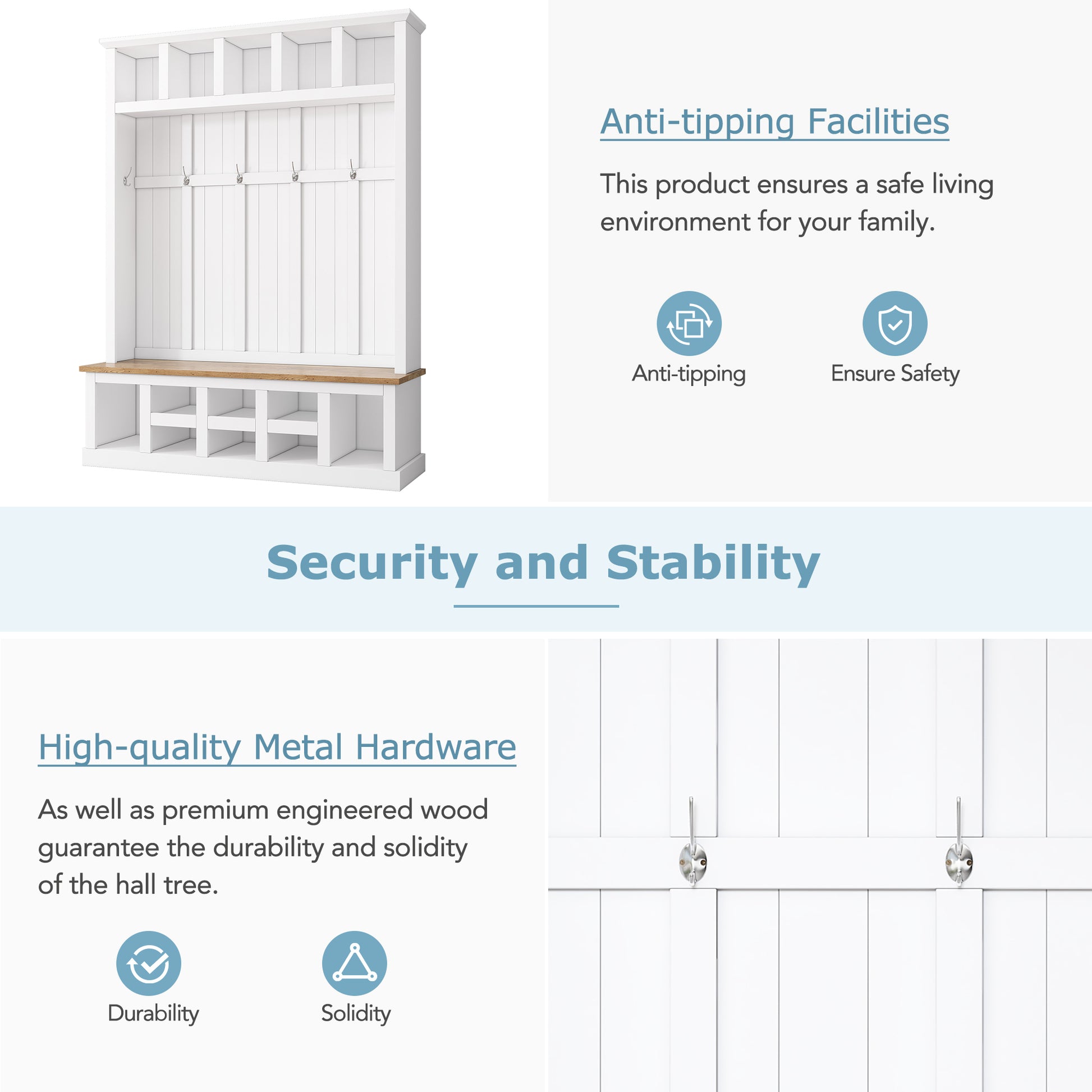 Farmhouse Wooden Style 78''H Modern Hall Tree With Wide Storage Seating Bench, Entryway Shoe Cabinet With 13 Compartments, Elegant Coat Rack With 6 Hooks For Mudroom, Living Room, White White Primary Living Space Particle Board