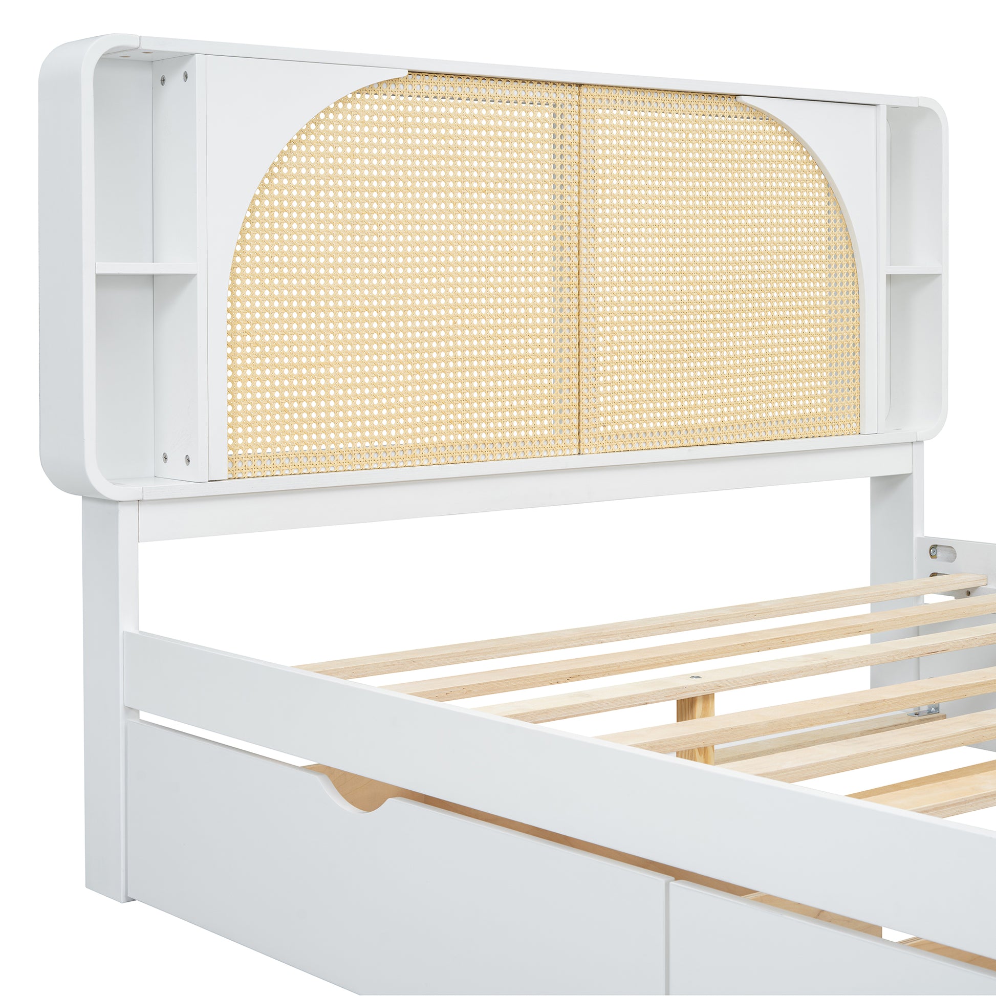 Queen Size Rattan Headboard Bed With Two Drawers And Trundle, White Queen White Solid Wood Mdf