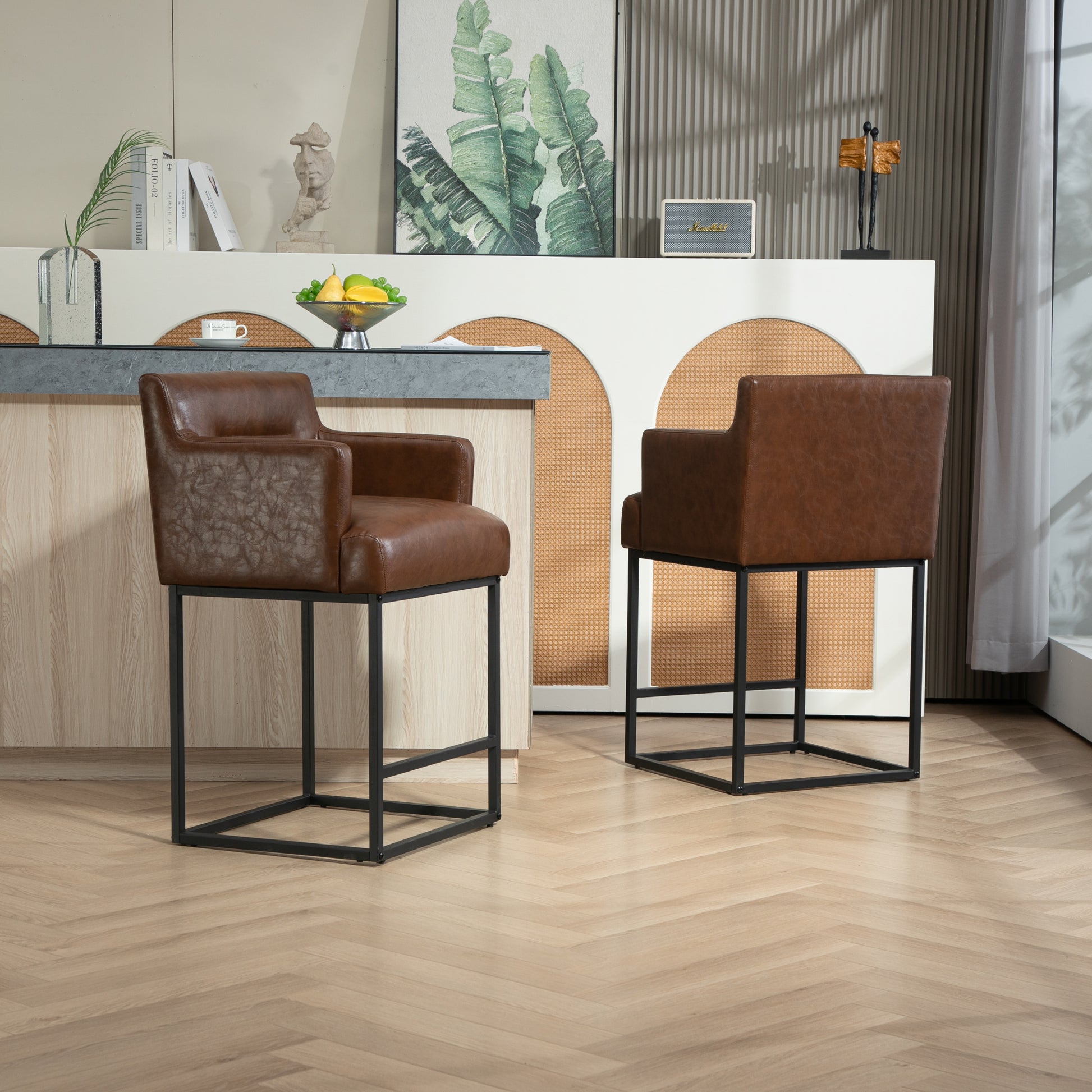 Coolmore Counter Height Bar Stools Set Of 2, Modern Barrel Bar Stool With Backrest And Arms, Black Metal Frames, Upholstered Bar Stools For Kitchen Island, Pub, Club Brown Pu Foam Pu Leather