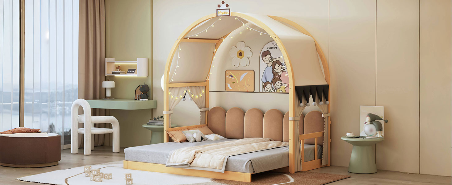 Twin Size Extended Bed With Arched Roof And Trundle, Natural Twin Natural Plywood