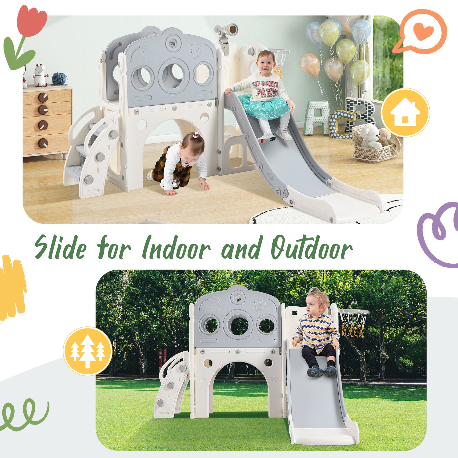 7 In 1 Toddler Slide Set, Freestanding Space Set With Slide, Kids Slide Playset Structure, Arch Tunnel And Basketball Hoop, Toy Storage Organizer For Toddlers, Kids Climbers Playground Grey White 50 99 Lbs Cute 1 To 2 Years Hdpe Indoor & Outdoor Use