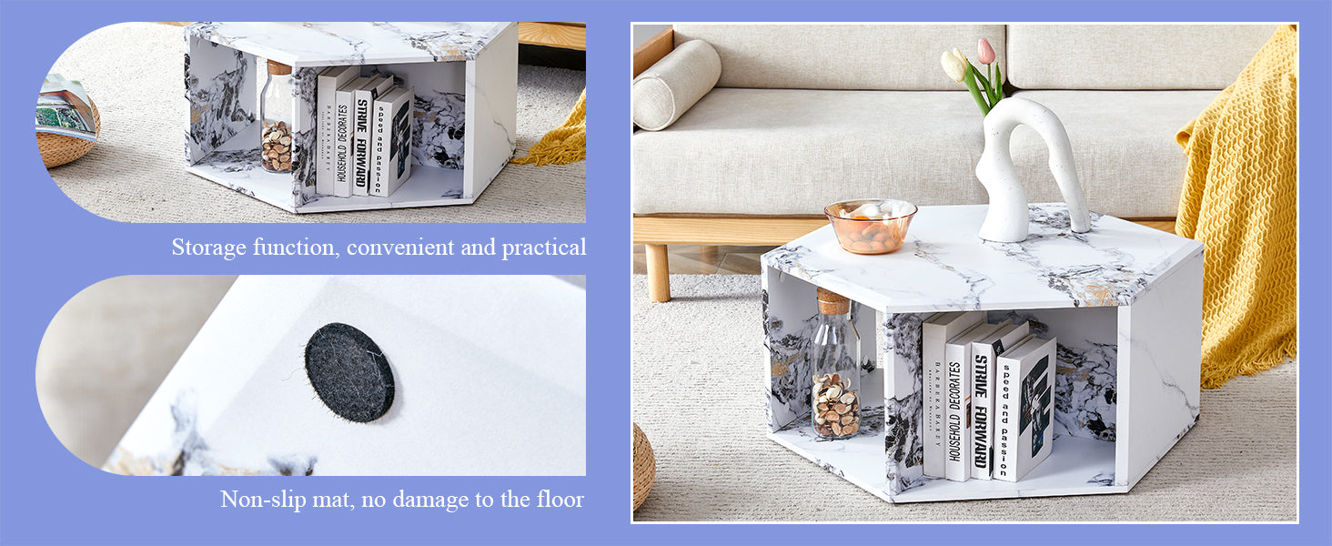 Hexagonal Mdf Coffee Table, Characteristic Pattern Stickers, Multi Hole Design To Give More Storage Space, Simple And Convenient Design Makes It Suitable For All Kinds Of Style Scenes. White Mdf