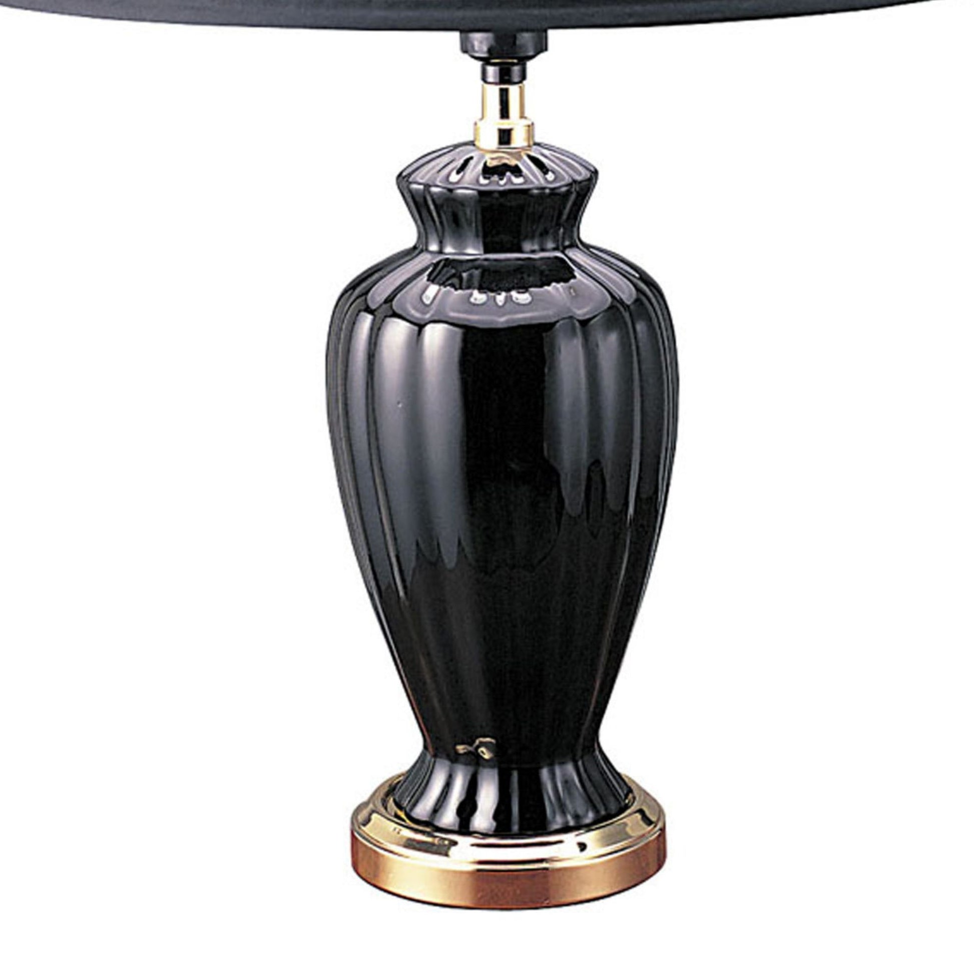 26" Tall Ceramic Table Lamp, Urn Shaped With Black Finish, Linen Shade Black Ceramic