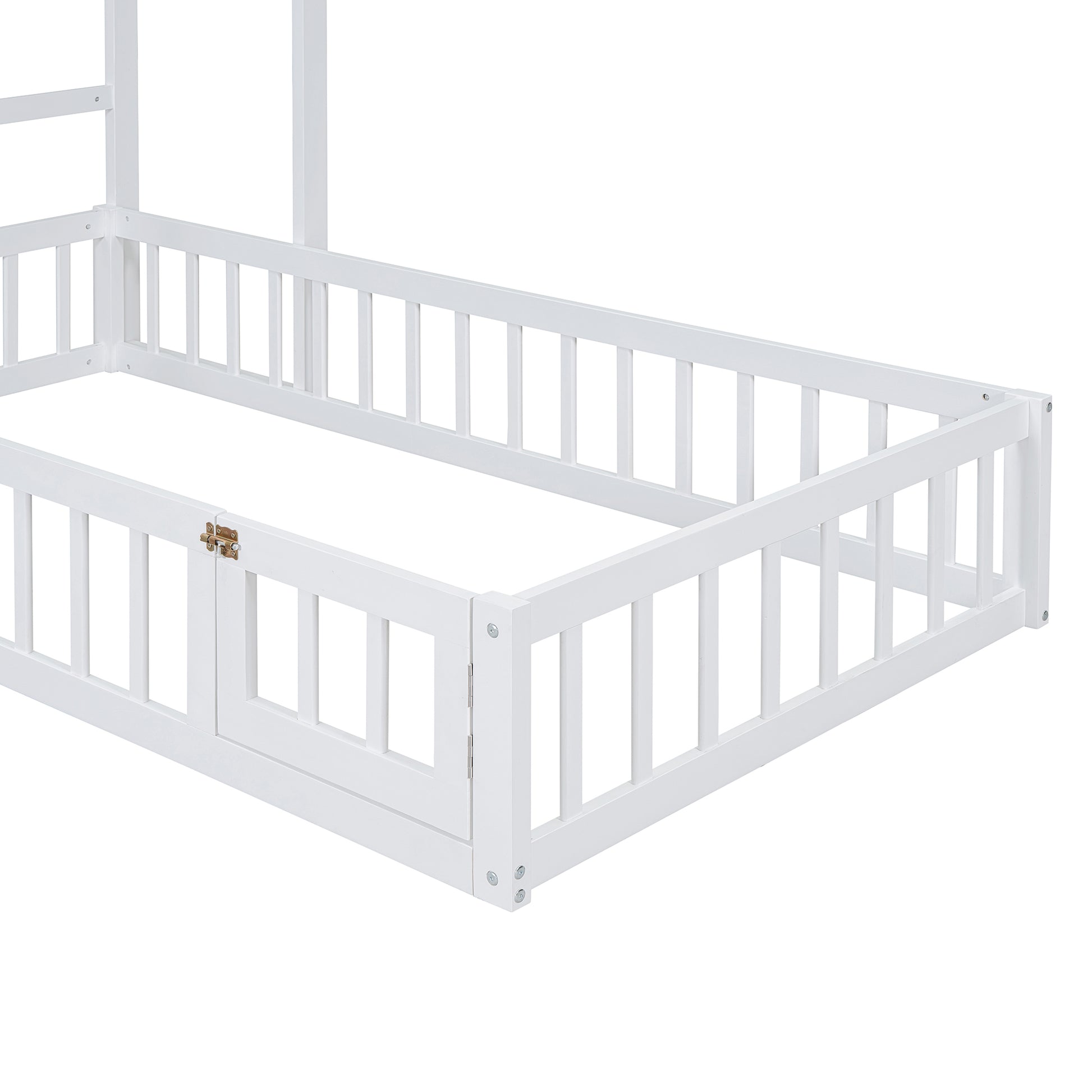 Wooden Floor Bed With Fence Railings And Detachable House Shape Headboard, Twin Size Bed With Kids Dress Up Rack, Kids Montessori Style Playhouse Frame For Girls Boys, White Twin White Wood