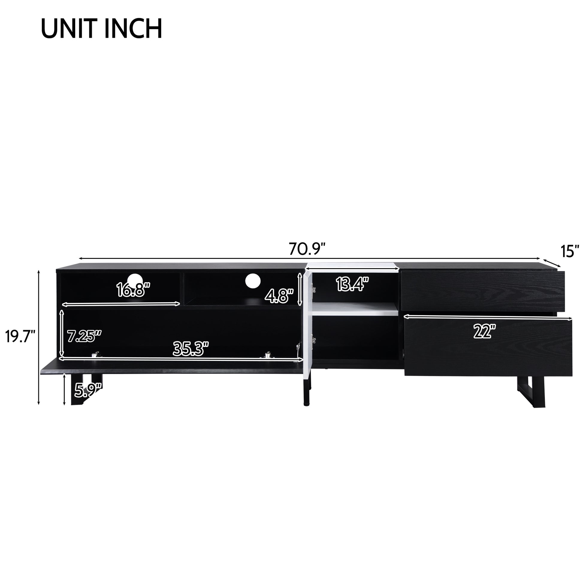 Modern Tv Stand For 80'' Tv With Double Storage Space, Media Console Table, Entertainment Center With Drop Down Door For Living Room, Bedroom, Home Theatre Black 70 79 Inches Mdf