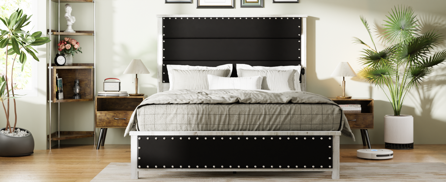 King Size Bed Frame With Upholstered Headboard, King Bed Frame With Charging Station And Led Lights, Wood Slats, Dark Gray Faux Leather & Rivets, No Box Spring Needed, Easy Assembly Box Spring Not