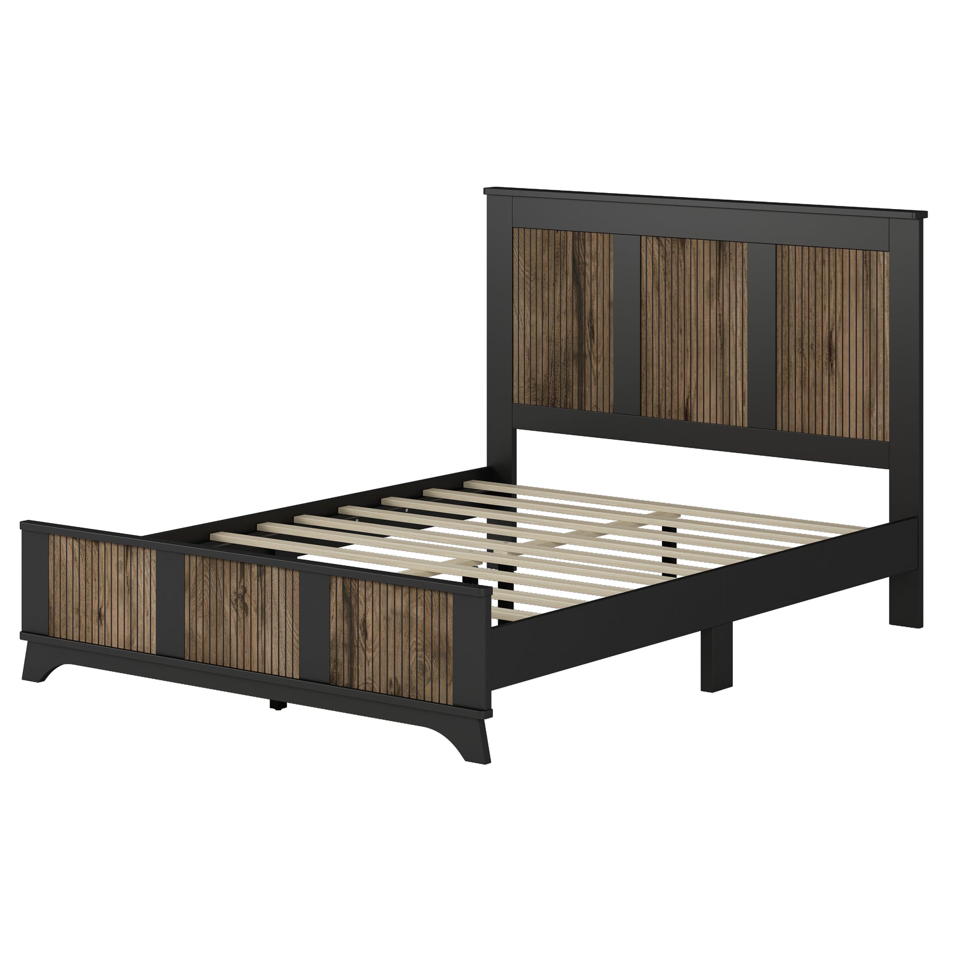 4 Pieces Bedroom Sets, Queen Size Farmhouse Platform Bed With Wooden Strip Decoration, Storage Nightstand And Dresser With Metal Handle, Black Queen Black 4 Piece Set Particle Board