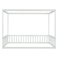 Full Size Canopy Frame Floor Bed With Fence, Guardrails,White Full White American Design Pine