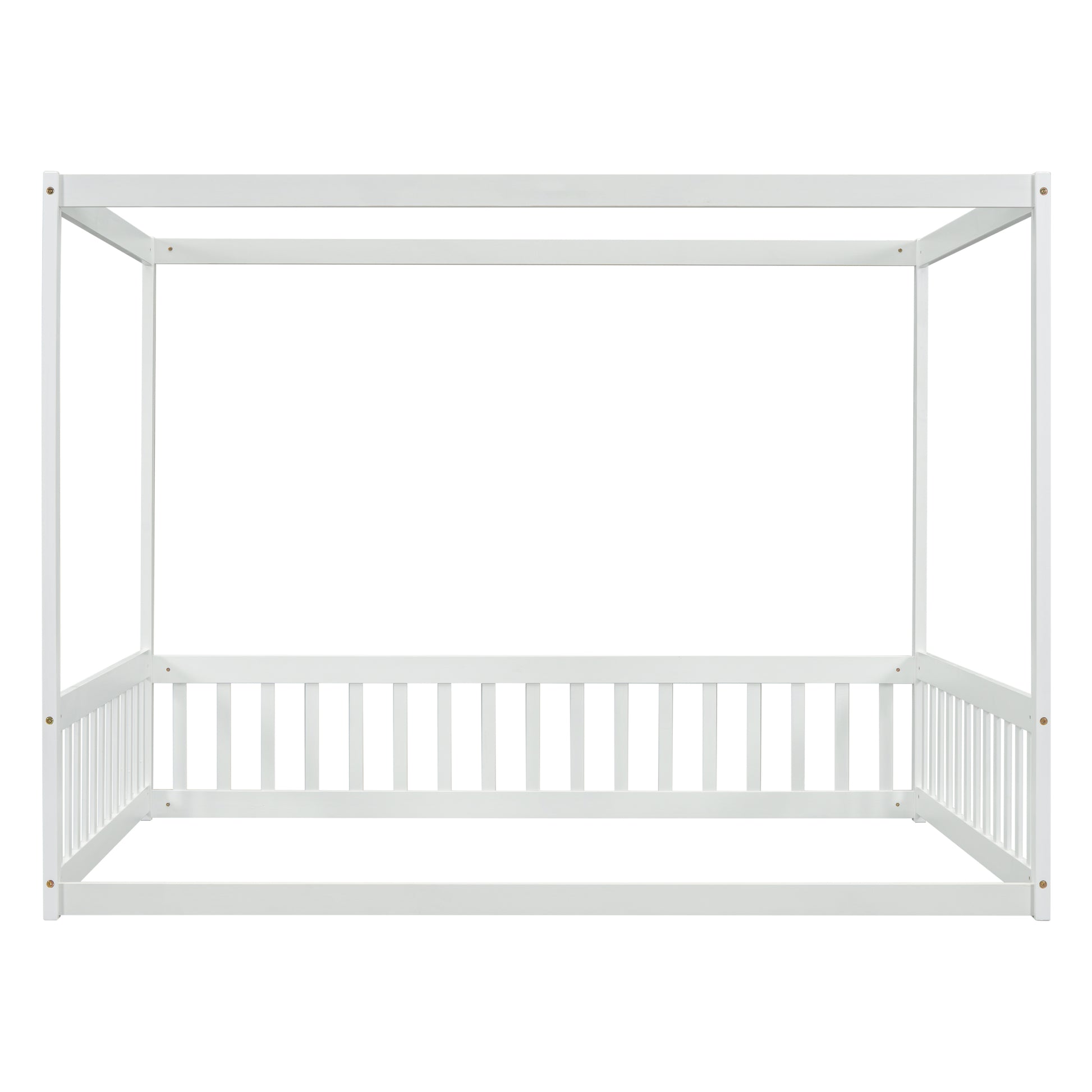 Full Size Canopy Frame Floor Bed With Fence, Guardrails,White Full White American Design Pine