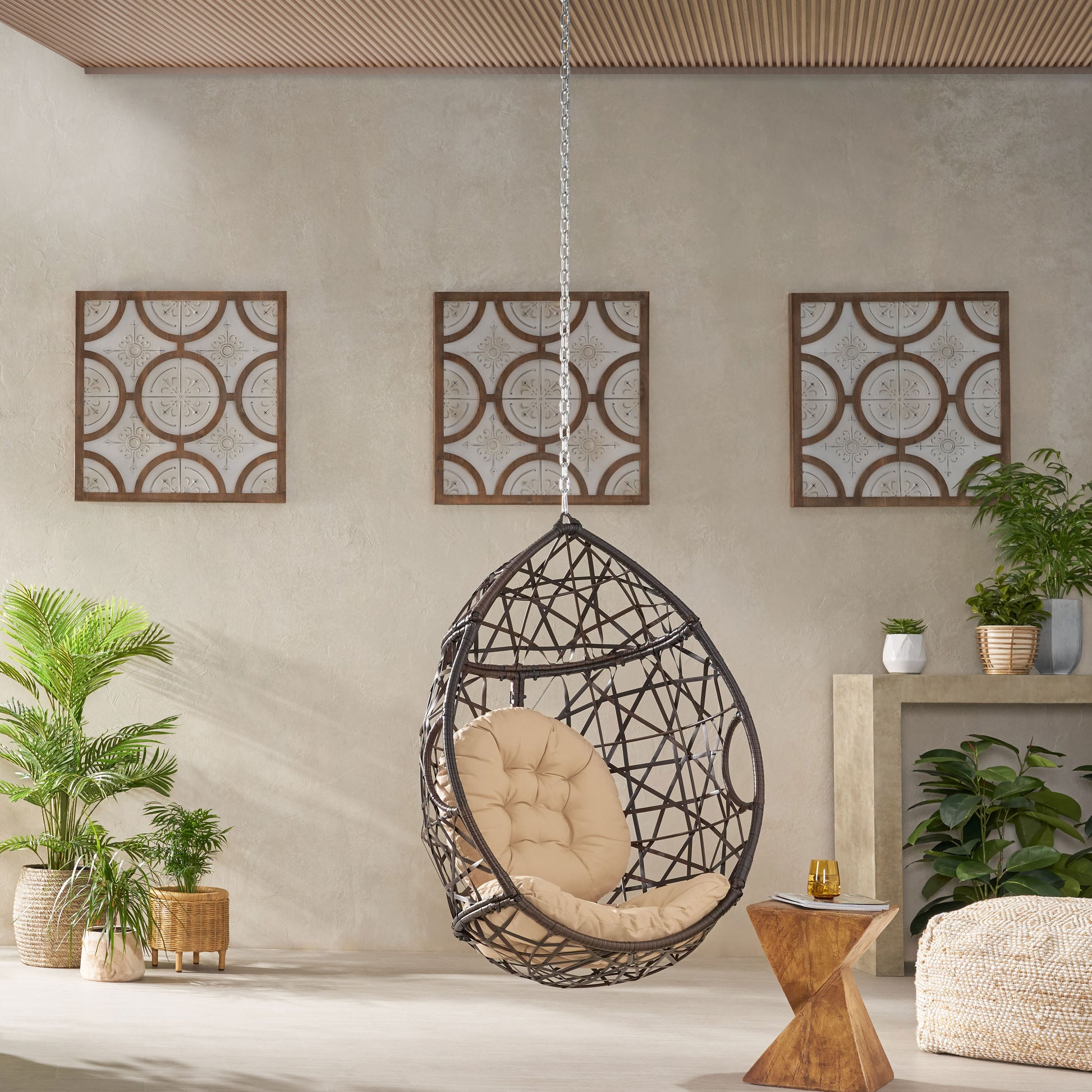 Los Alamitos Hanging Chair With 8Ft Chain Brown Pe Rattan Iron Waterproof Fabric
