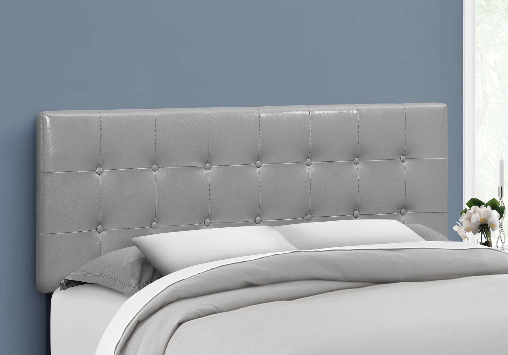 Bed, Headboard Only, Queen Size, Bedroom, Upholstered, Grey Leather Look, Transitional Grey Foam Faux Leather