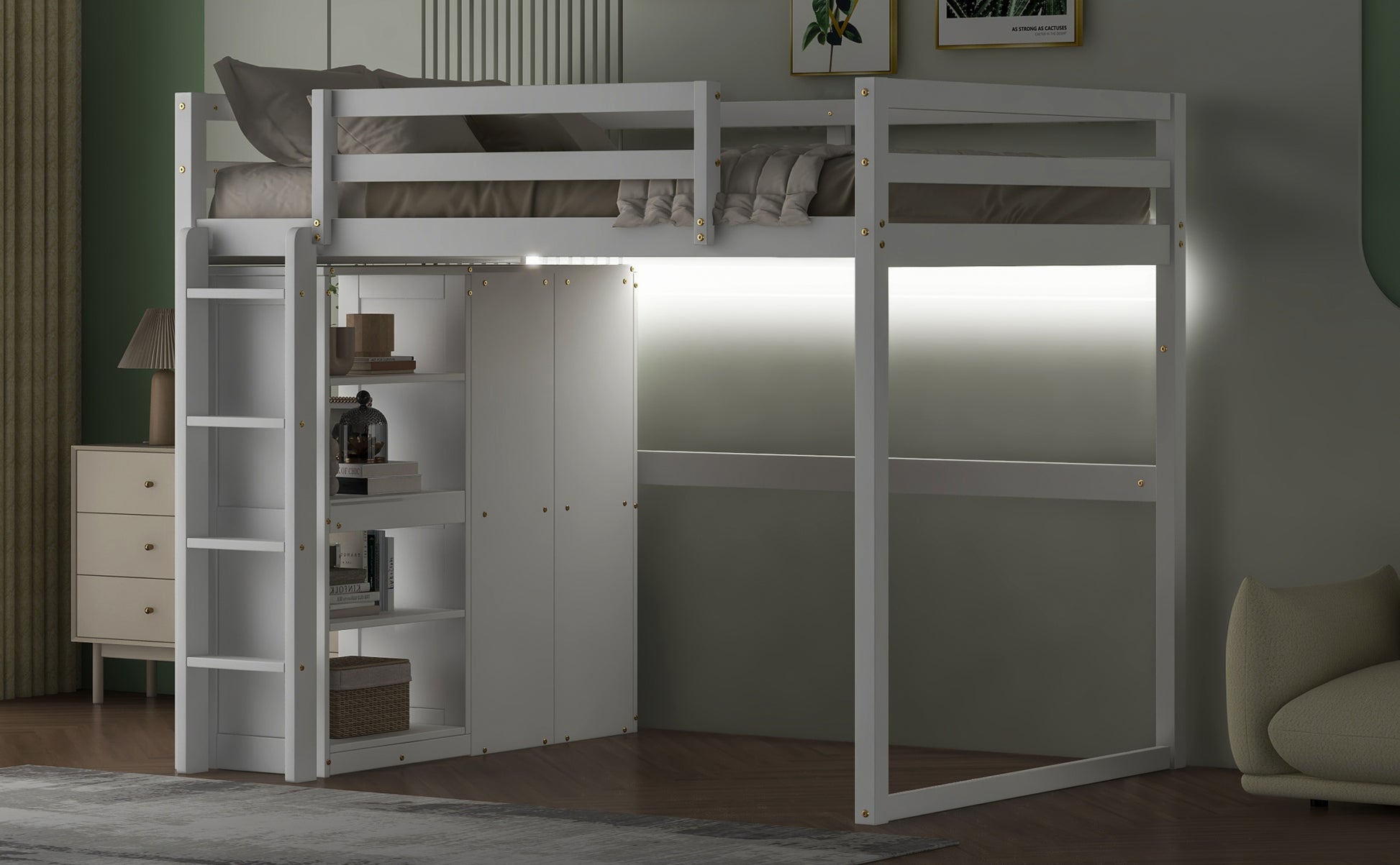 Wood Full Size Loft Bed With Built In Wardrobe And Storage Shelves, Led Light, White Box Spring Not Required Full White Wood Bedroom Bed Frame Solid Wood Mdf