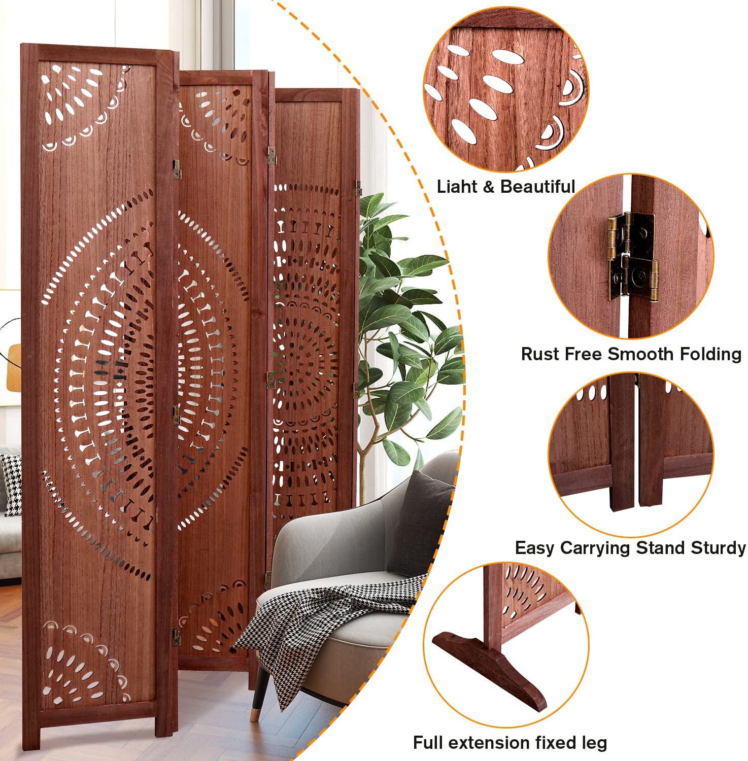 82.8'' W X 65'' H 6 Panel Solid Wood Folding Room Divider, Brown Brown Solid Wood