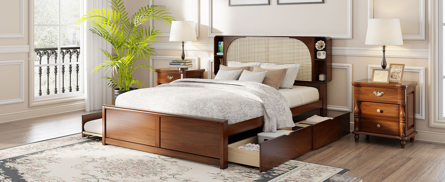 Queen Size Rattan Headboard Bed With Two Drawers And Trundle, Walnut Queen Walnut Solid Wood Mdf