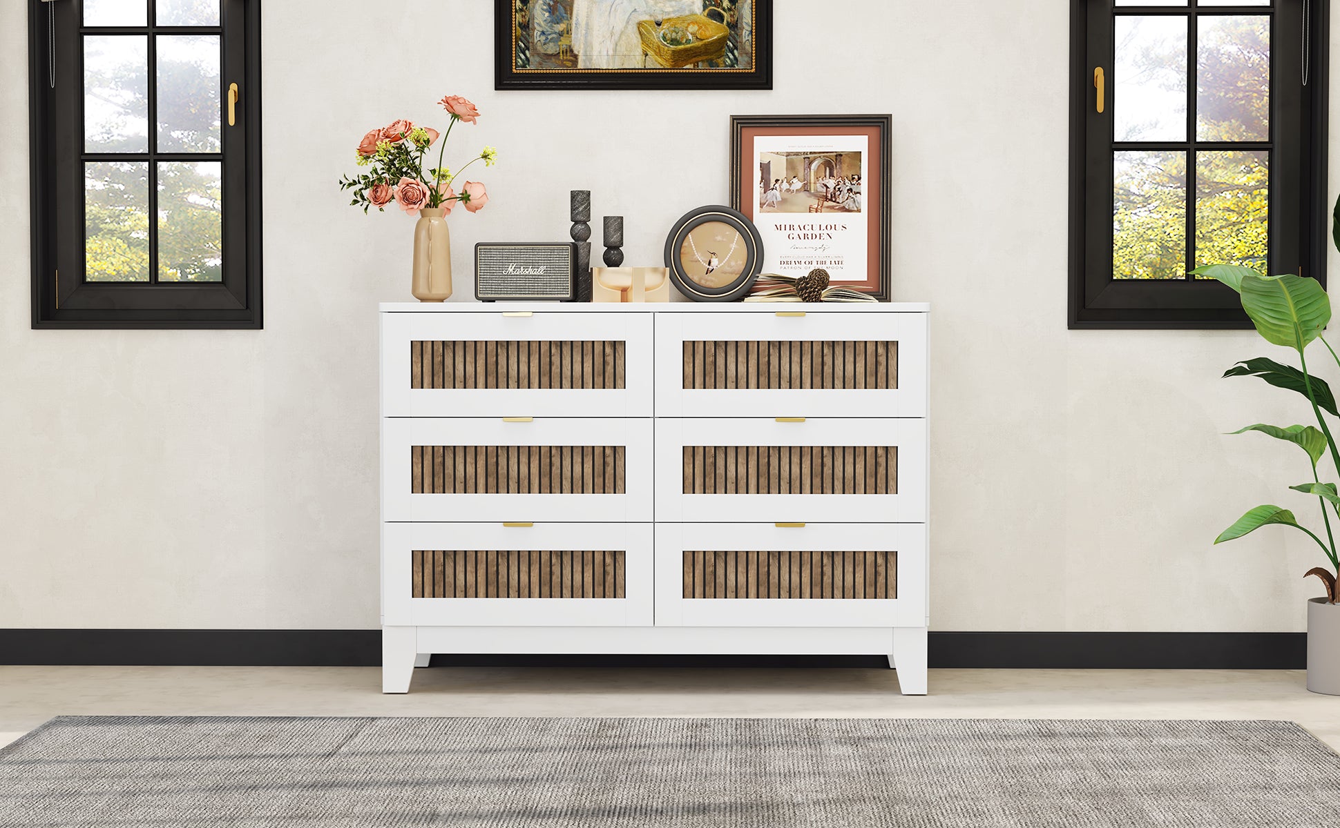 Rustic Farmhouse Style Wooden Dresser With 6 Drawers, Storage Cabinet For Bedroom With Metal Handles, White White Particle Board