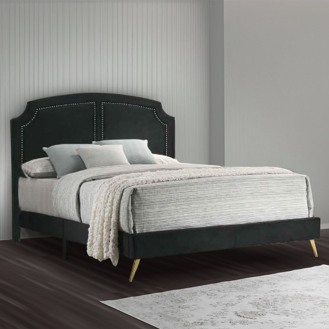 Lily Platform King Upholstered Bed, Padded Headboard, Black, Gold King Black Gold Wood Fabric