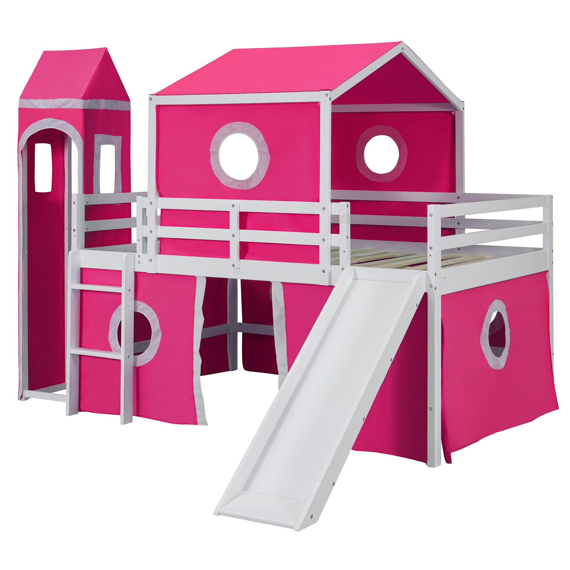 Full Size Loft Bed With Slide Pink Tent And Tower Pink Old Sku:Wf298771Aah Full Pink Solid Wood