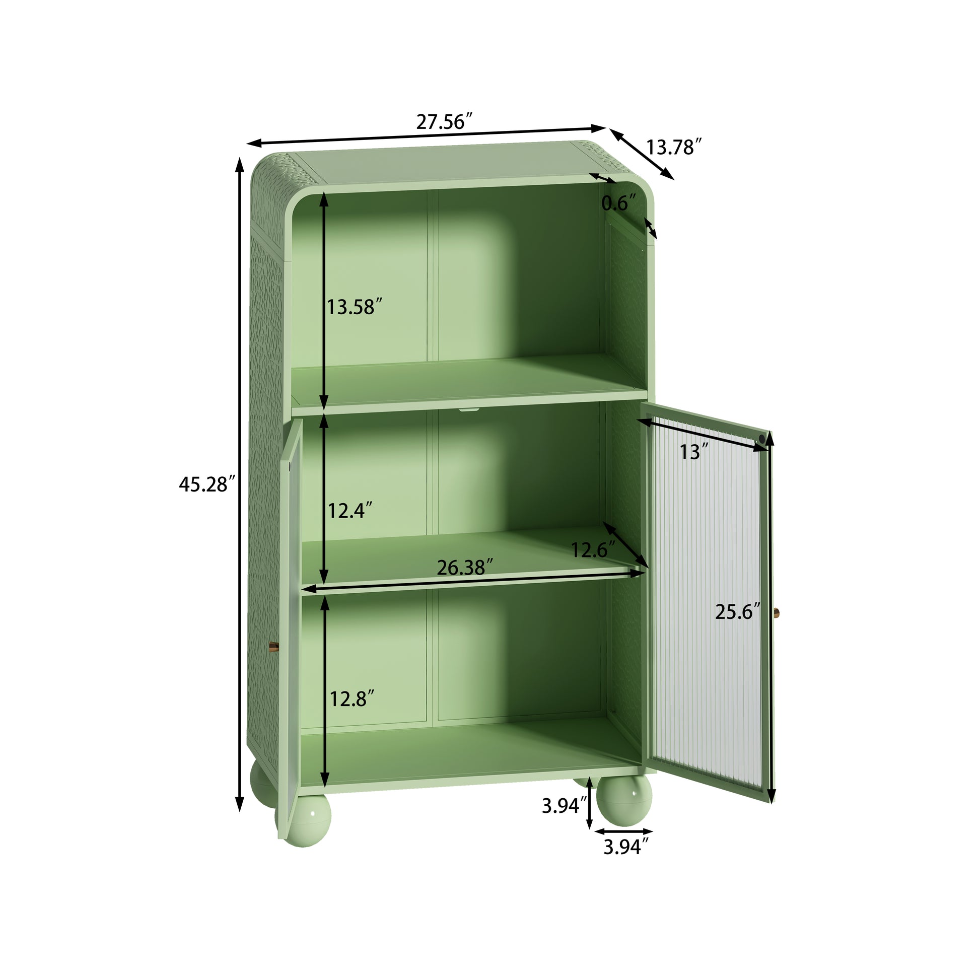 45.28" H Storage Cabinet, Bathroom Floor Cabinet With Glass Door And Shelves, Freestanding Display Storage Cabinet For Bathroom, Living Room, Kitchen, Home Office,Green Green Glass Metal