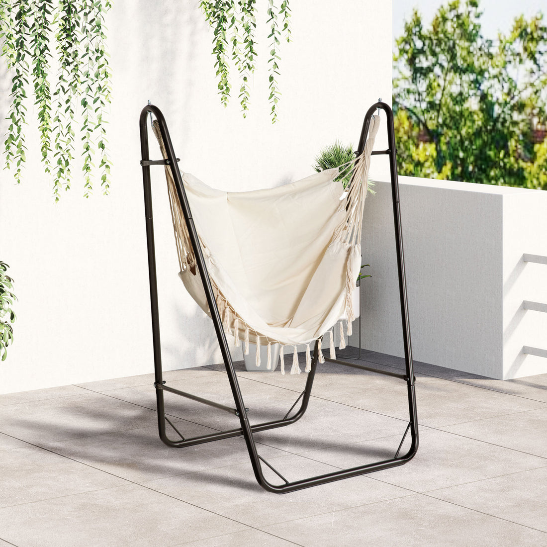 Outsunny Patio Hammock Chair With U Shape Stand, Outdoor Hammock Swing Hanging Lounge Chair With Side Pocket, Brown Cream White White Steel