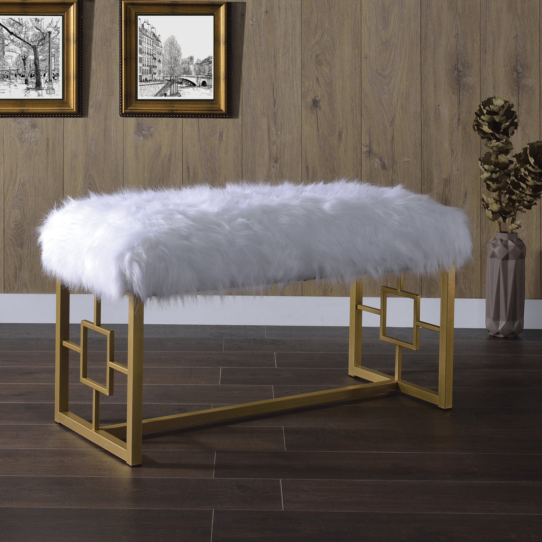 White And Gold Bench With Sled Base White Gold Bedroom White Contemporary Fabric Metal