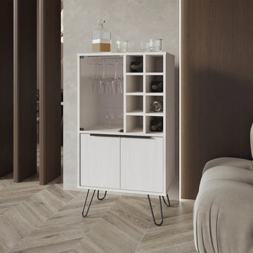 White Bar Cabinet With Glass Rack And Wine Storage White Oak Melamine